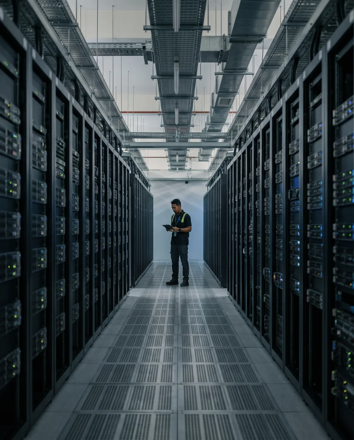 Illustration of a technician checking equipment in a server room